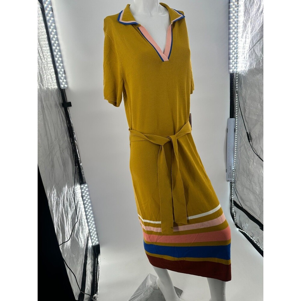 Eva Mendes NY &Company Yellow Mustard Knit Polo Dress Colorblock Stripe Sz L NWT